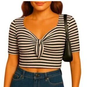 Wild Fable M Ribbed Sweetheart Neck Tie Front Cropped Black Pink Stripe Top Y2K